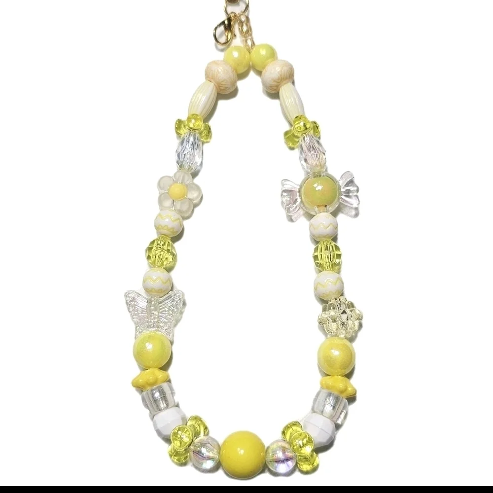 Cute Pastel Yellow White Iridescent Girly Dainty Beaded Phone Charm Wrist Strap